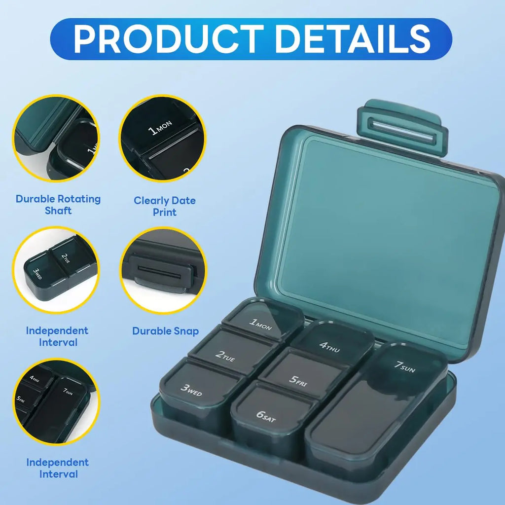 2Pcs 7 Days Pill Storage Box Mini Travel Portable Medicines Dispenser Box Multifunction Plastic Seven Compartment Sealer Box